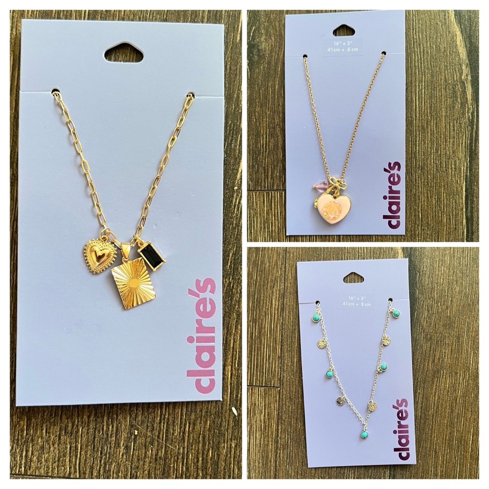Bundle of three brand new necklaces. The pink heart pendant opens up.